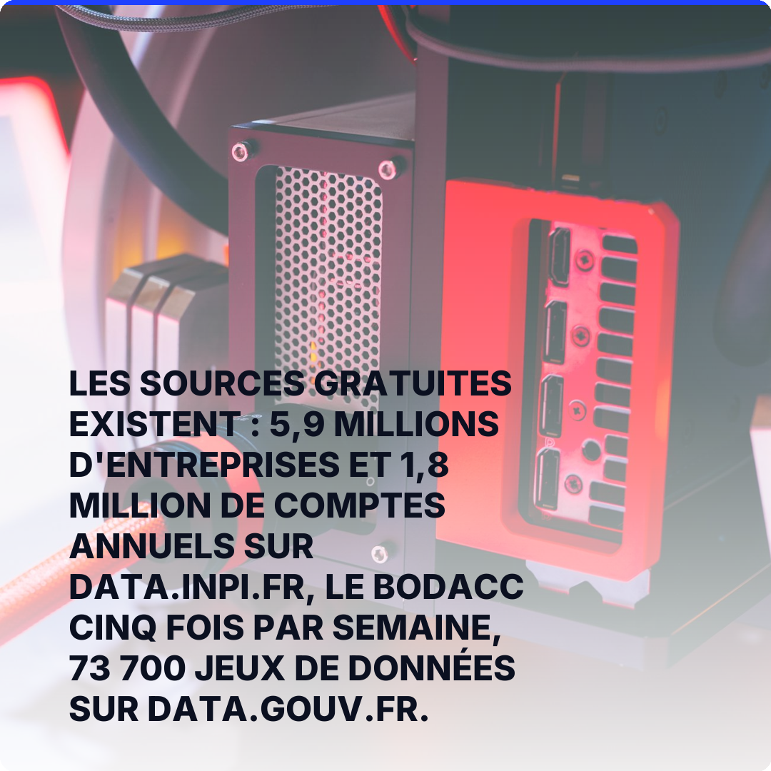 Les sources gratuites existent : 5,9 millions d'entreprises et 1,8 million de comptes annuels sur data.inpi.fr, le BODACC cinq fois par semaine, 73 700 jeux de données sur data.gouv.fr.