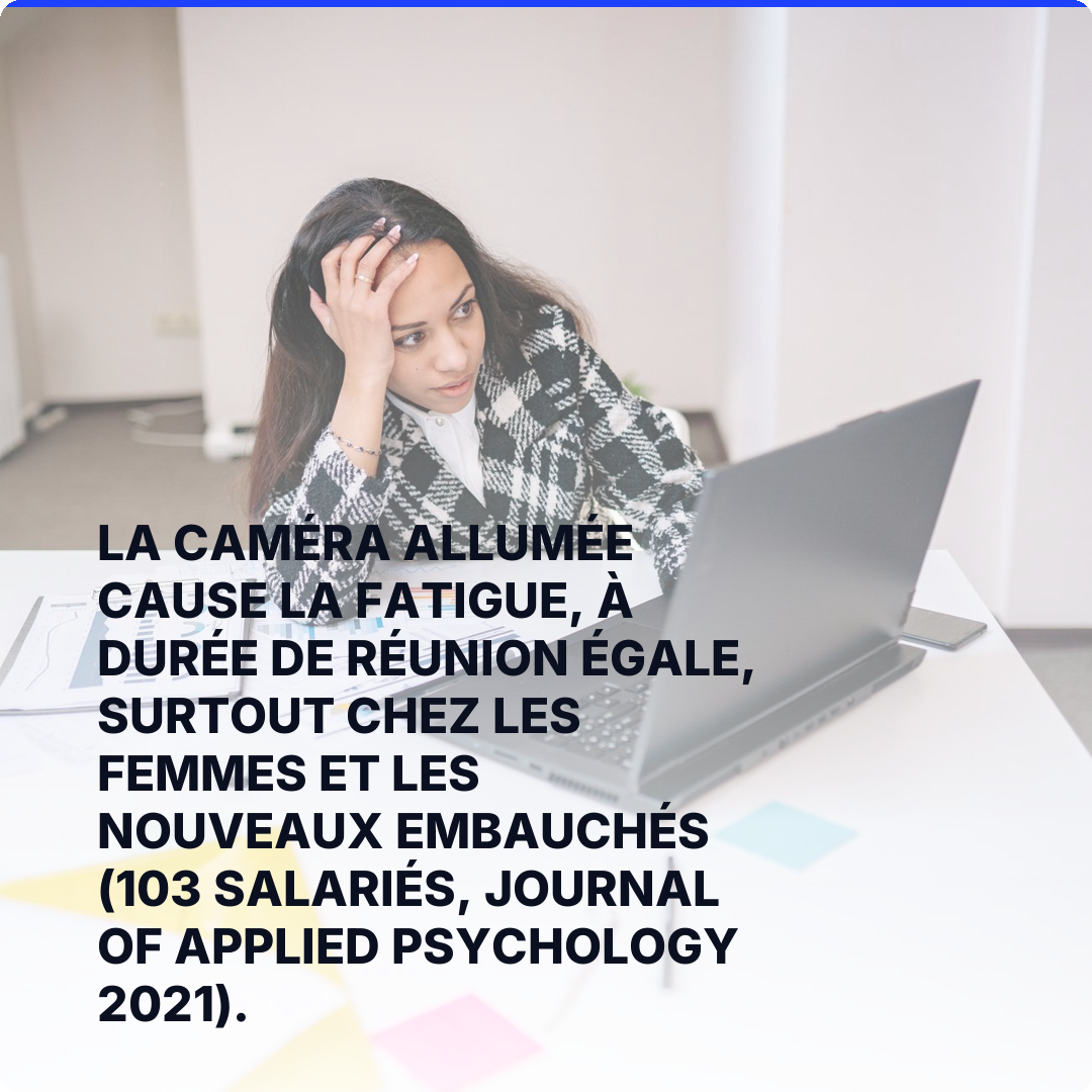 La caméra allumée cause la fatigue, à durée de réunion égale, surtout chez les femmes et les nouveaux embauchés (103 salariés, Journal of Applied Psychology 2021).