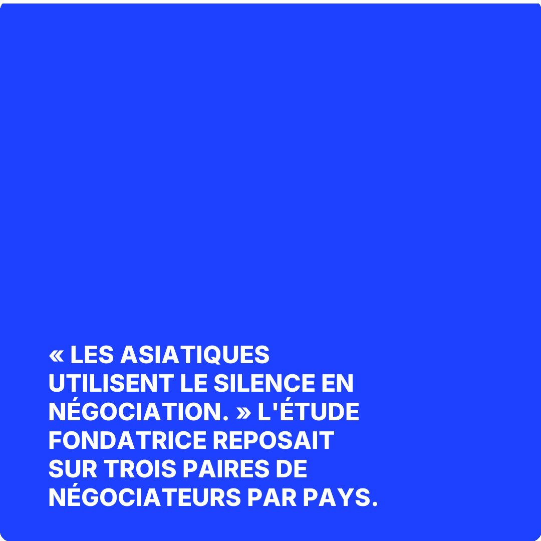 « Les Asiatiques utilisent le silence en négociation. » L'étude fondatrice reposait sur trois paires de négociateurs par pays.