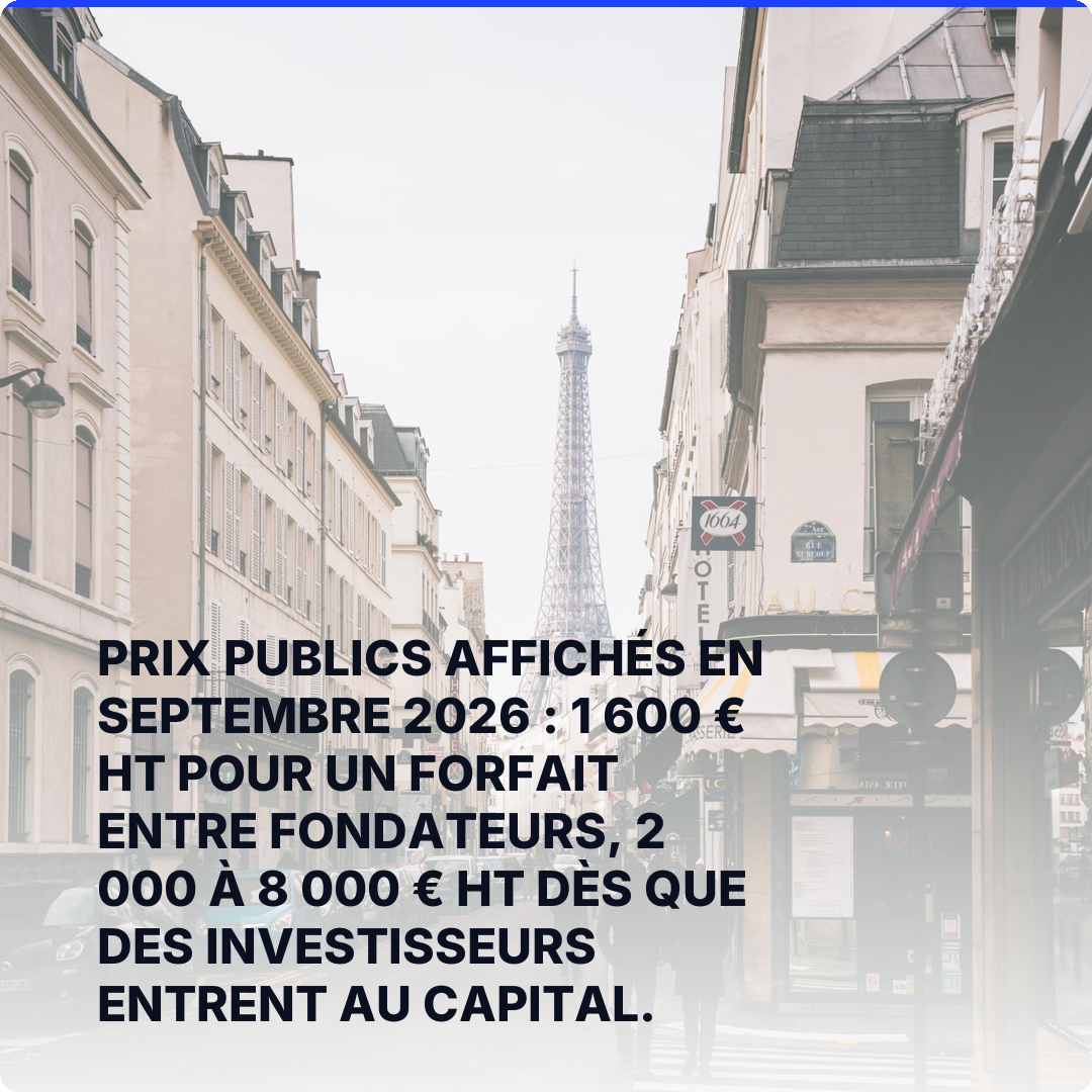 Prix publics affichés en septembre 2026 : 1 600 € HT pour un forfait entre fondateurs, 2 000 à 8 000 € HT dès que des investisseurs entrent au capital.