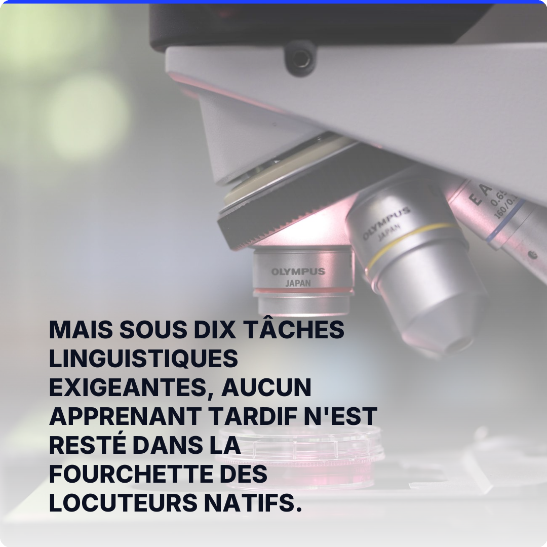 Mais sous dix tâches linguistiques exigeantes, aucun apprenant tardif n'est resté dans la fourchette des locuteurs natifs.