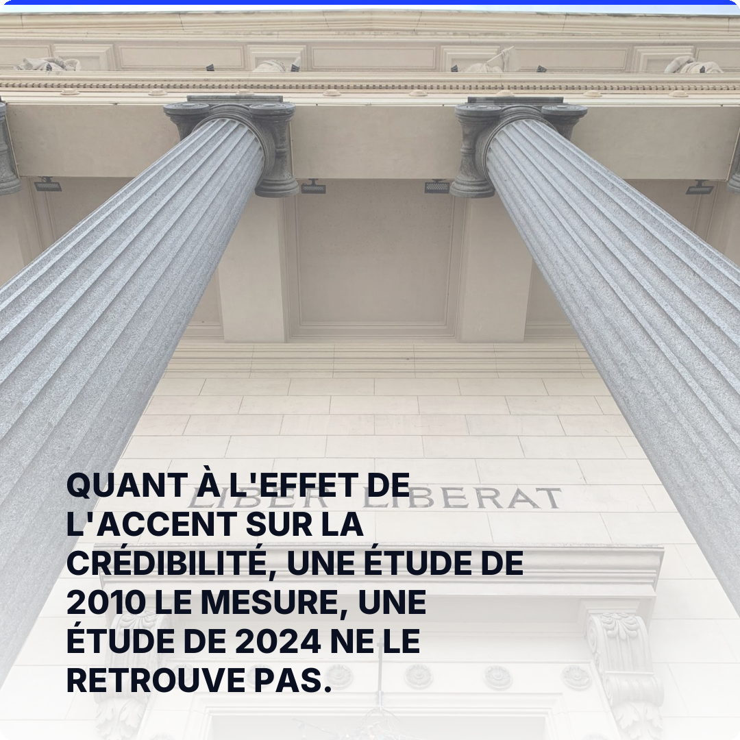 Quant à l'effet de l'accent sur la crédibilité, une étude de 2010 le mesure, une étude de 2024 ne le retrouve pas.