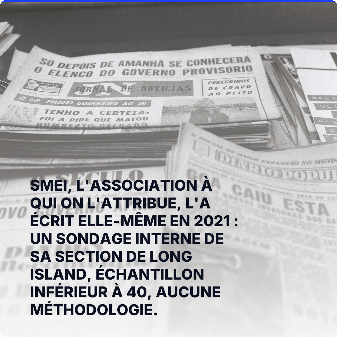 SMEI, l'association à qui on l'attribue, l'a écrit elle-même en 2021 : un sondage interne de sa section de Long Island, échantillon inférieur à 40, aucune méthodologie.