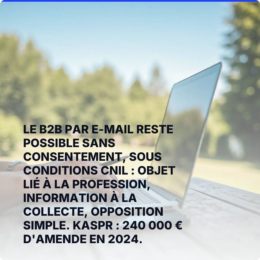 Le B2B par e-mail reste possible sans consentement, sous conditions CNIL : objet lié à la profession, information à la collecte, opposition simple. Kaspr : 240 000 € d'amende en 2024.