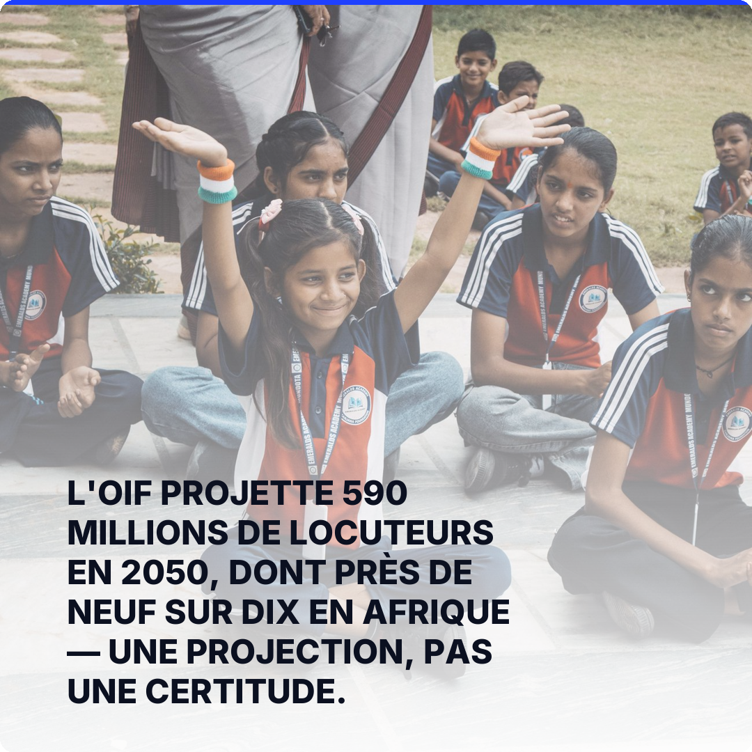 L'OIF projette 590 millions de locuteurs en 2050, dont près de neuf sur dix en Afrique — une projection, pas une certitude.