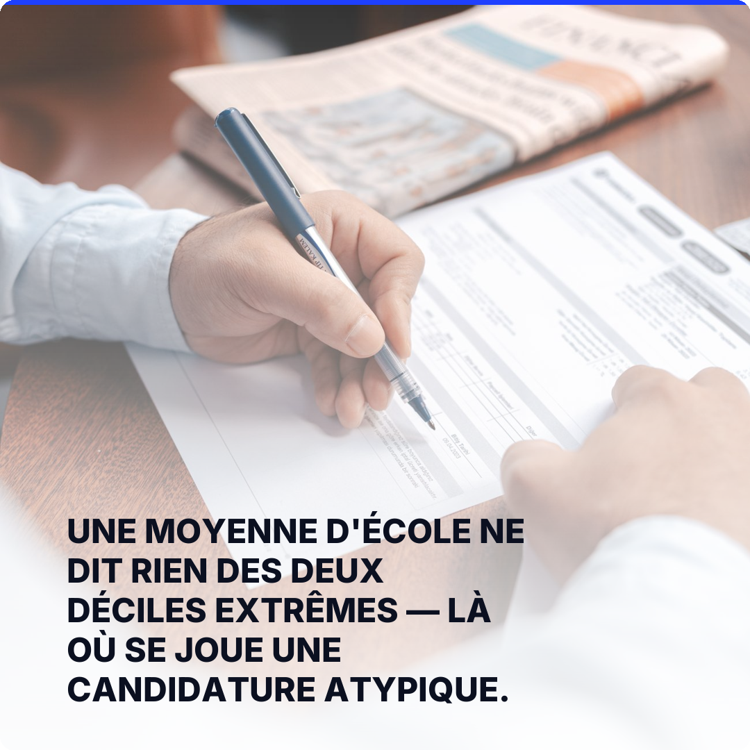 Une moyenne d'école ne dit rien des deux déciles extrêmes — là où se joue une candidature atypique.