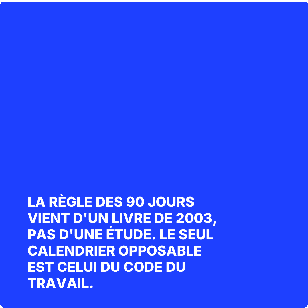La règle des 90 jours vient d'un livre de 2003, pas d'une étude. Le seul calendrier opposable est celui du Code du travail.