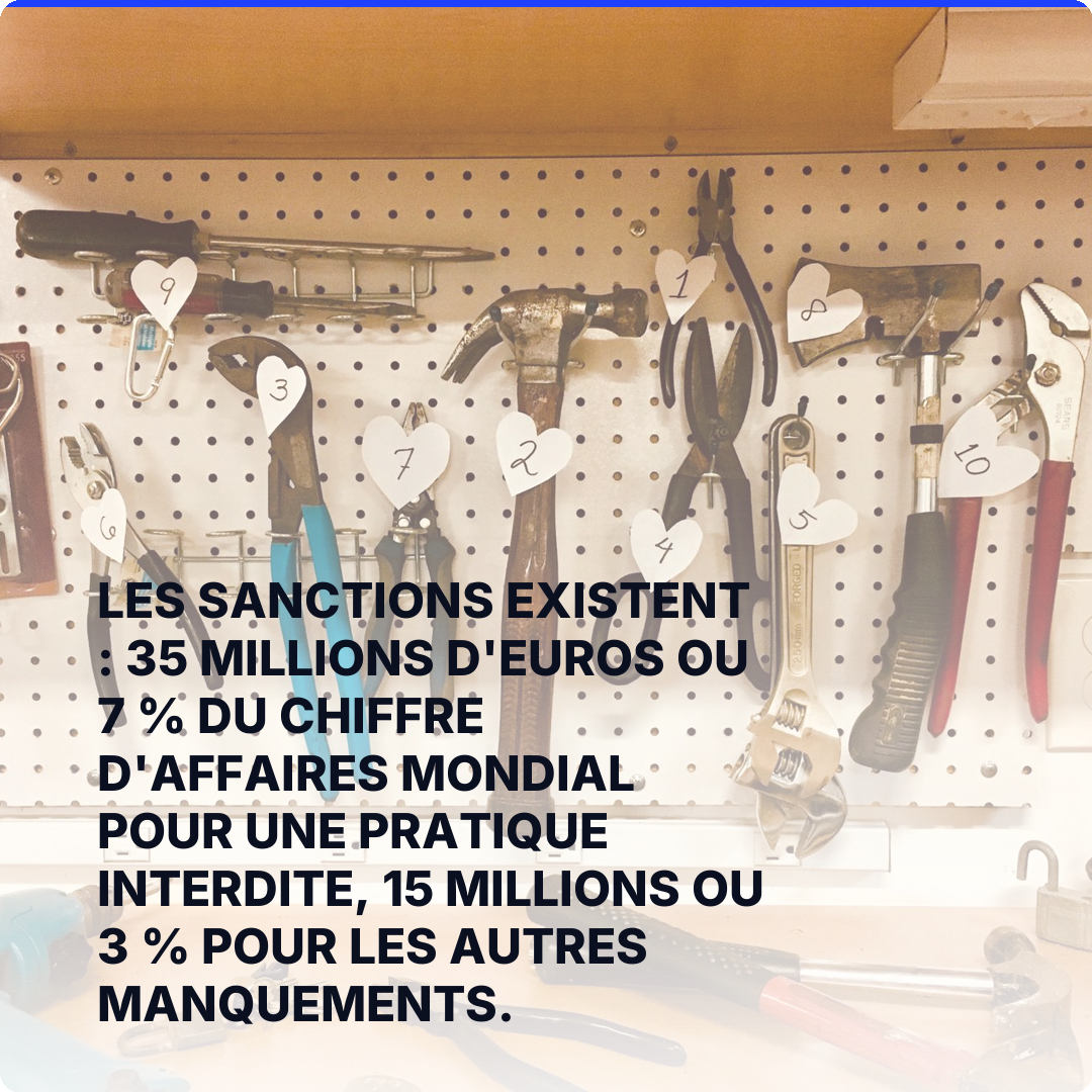 Les sanctions existent : 35 millions d'euros ou 7 % du chiffre d'affaires mondial pour une pratique interdite, 15 millions ou 3 % pour les autres manquements.