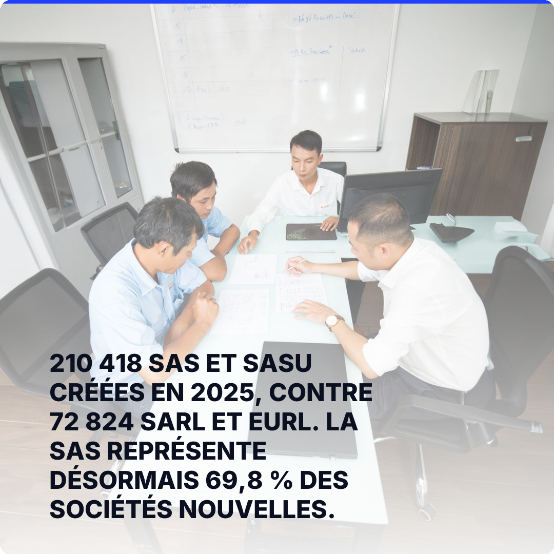 210 418 SAS et SASU créées en 2025, contre 72 824 SARL et EURL. La SAS représente désormais 69,8 % des sociétés nouvelles.