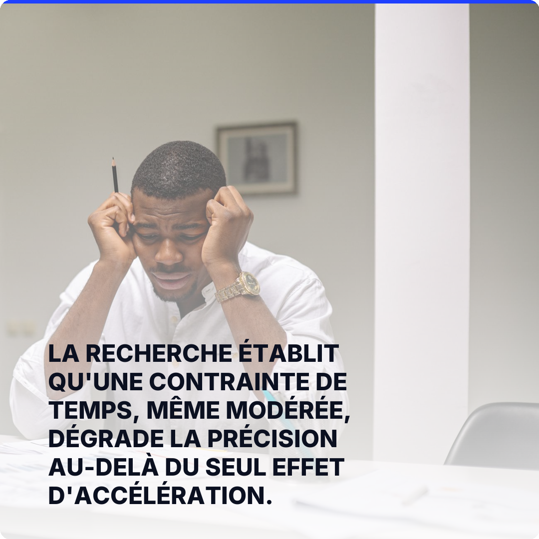 La recherche établit qu'une contrainte de temps, même modérée, dégrade la précision au-delà du seul effet d'accélération.