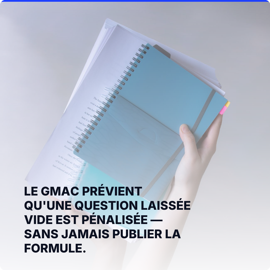 Le GMAC prévient qu'une question laissée vide est pénalisée — sans jamais publier la formule.