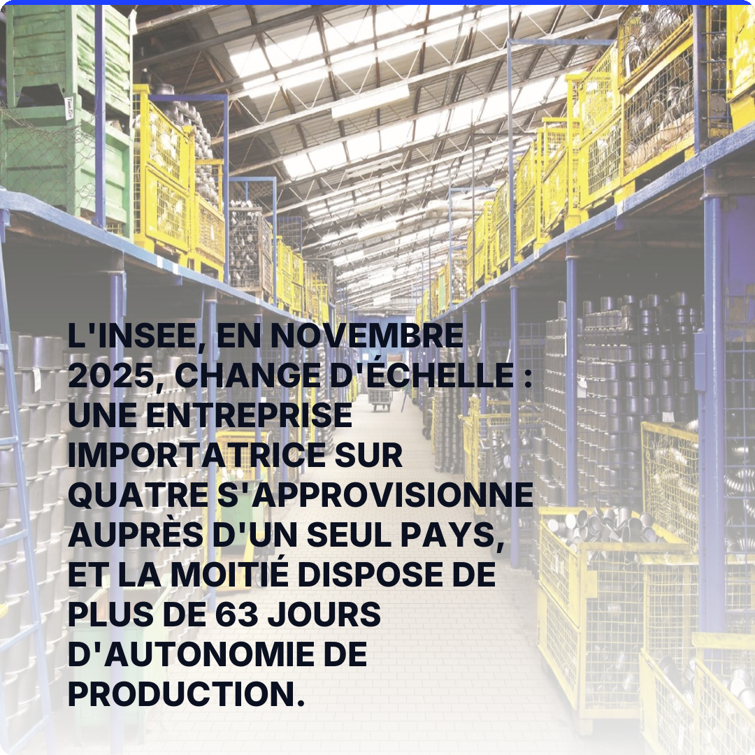L'Insee, en novembre 2025, change d'échelle : une entreprise importatrice sur quatre s'approvisionne auprès d'un seul pays, et la moitié dispose de plus de 63 jours d'autonomie de production.