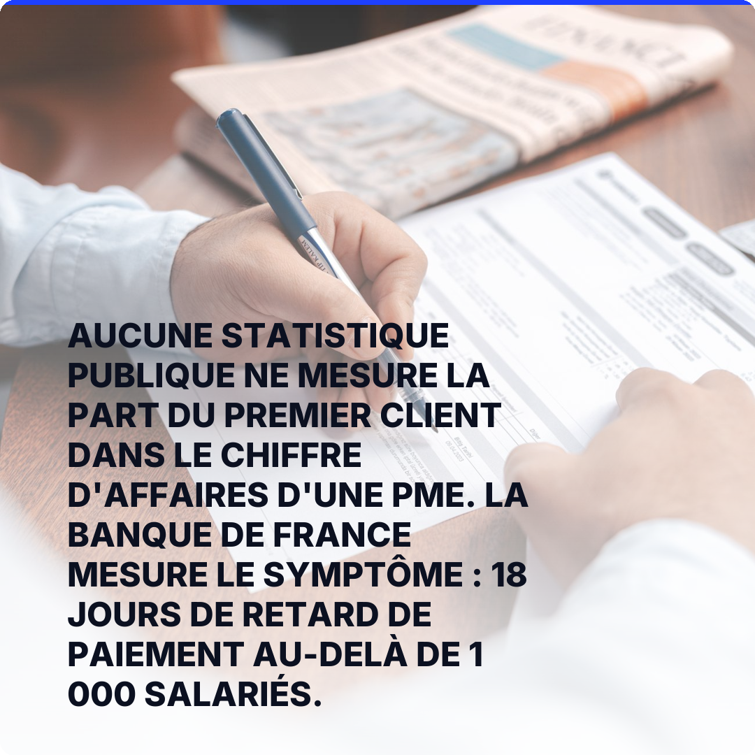 Aucune statistique publique ne mesure la part du premier client dans le chiffre d'affaires d'une PME. La Banque de France mesure le symptôme : 18 jours de retard de paiement au-delà de 1 000 salariés.
