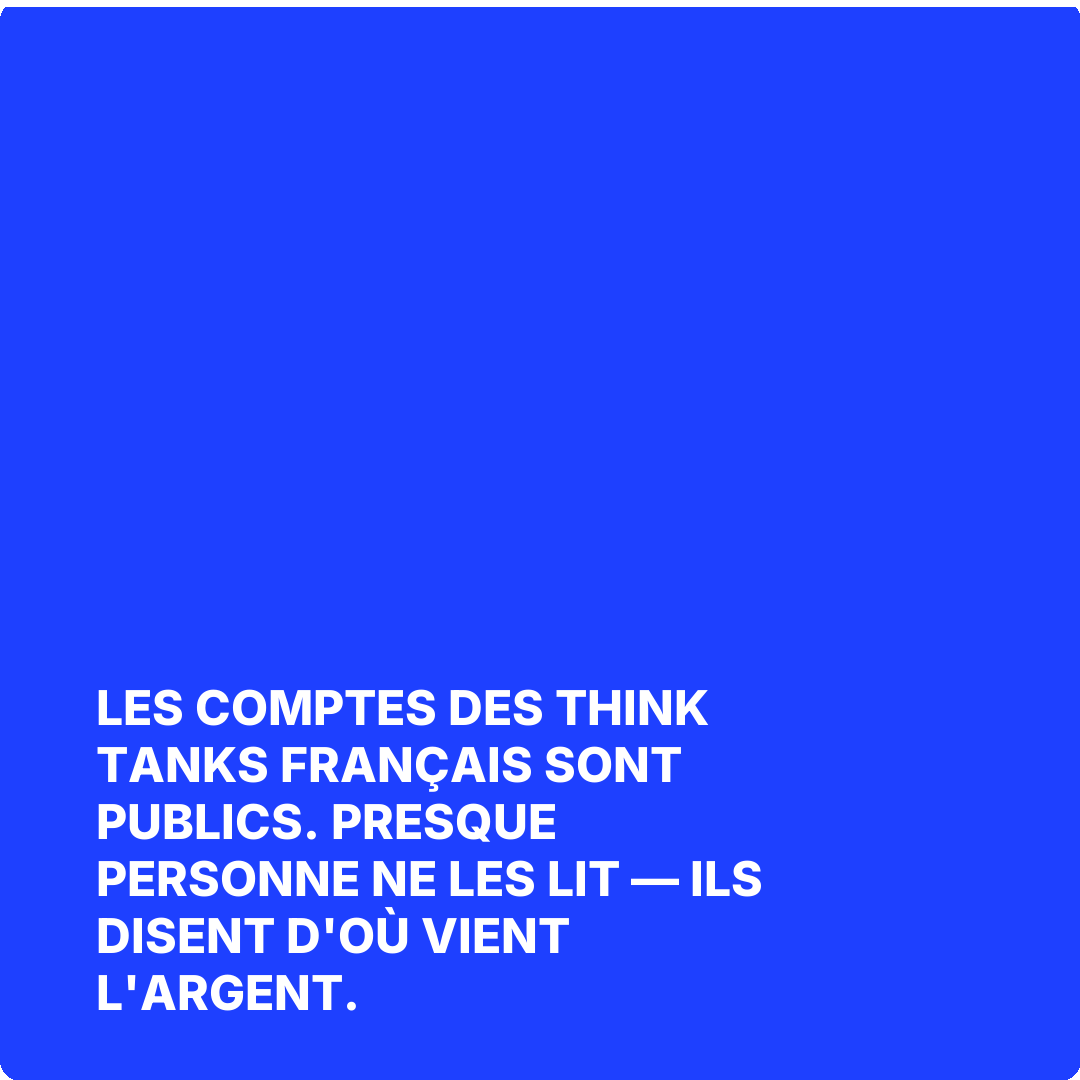 Les comptes des think tanks français sont publics. Presque personne ne les lit — ils disent d'où vient l'argent.