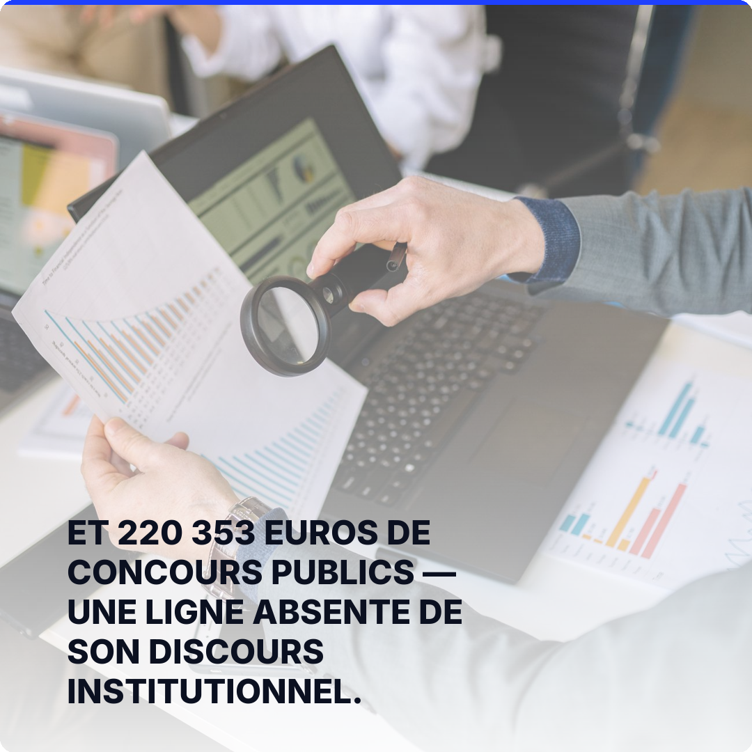Et 220 353 euros de concours publics — une ligne absente de son discours institutionnel.