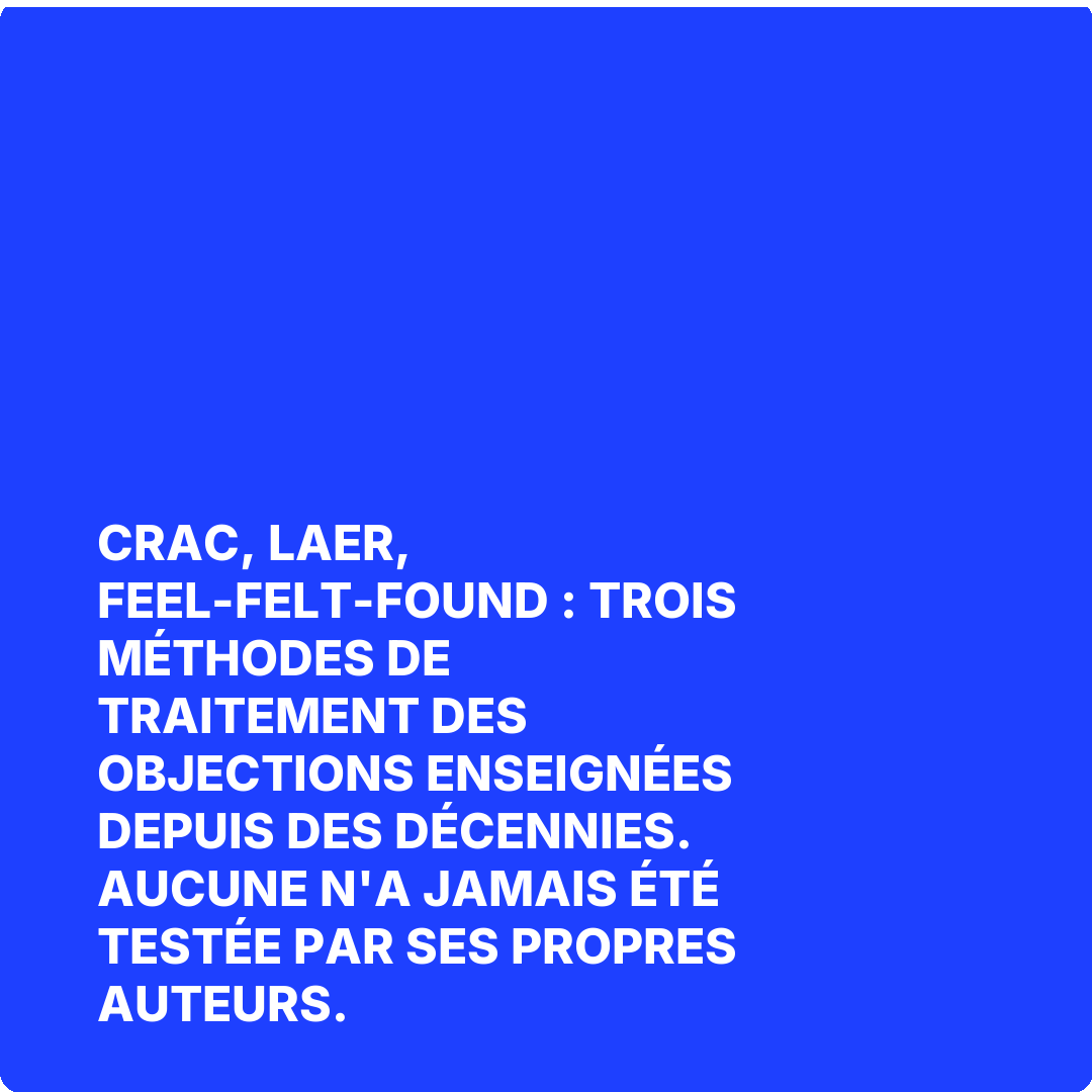 CRAC, LAER, feel-felt-found : trois méthodes de traitement des objections enseignées depuis des décennies. Aucune n'a jamais été testée par ses propres auteurs.
