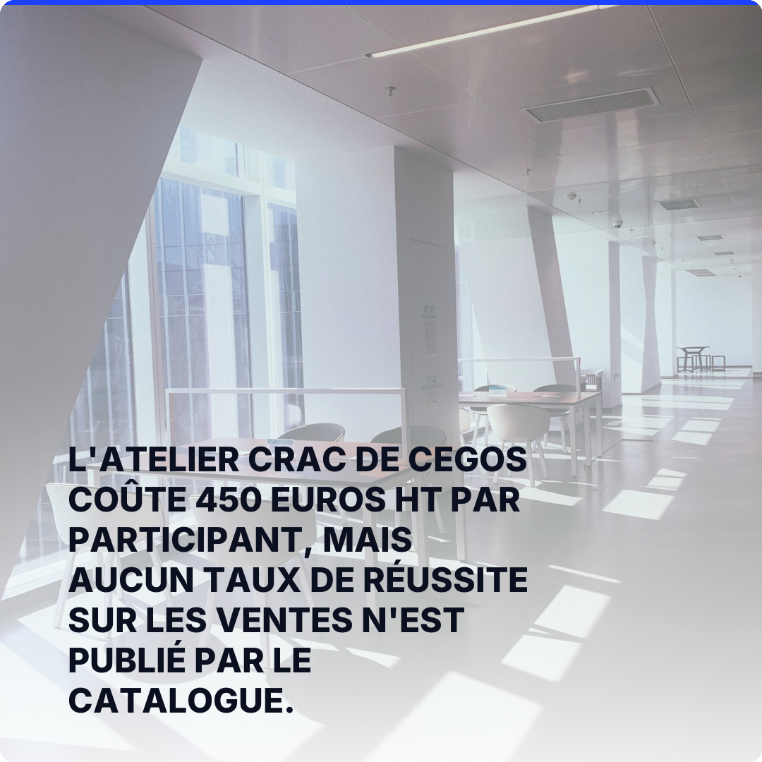 L'atelier CRAC de Cegos coûte 450 euros HT par participant, mais aucun taux de réussite sur les ventes n'est publié par le catalogue.