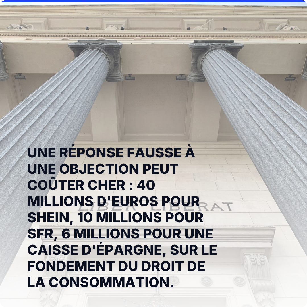 Une réponse fausse à une objection peut coûter cher : 40 millions d'euros pour Shein, 10 millions pour SFR, 6 millions pour une caisse d'épargne, sur le fondement du droit de la consommation.