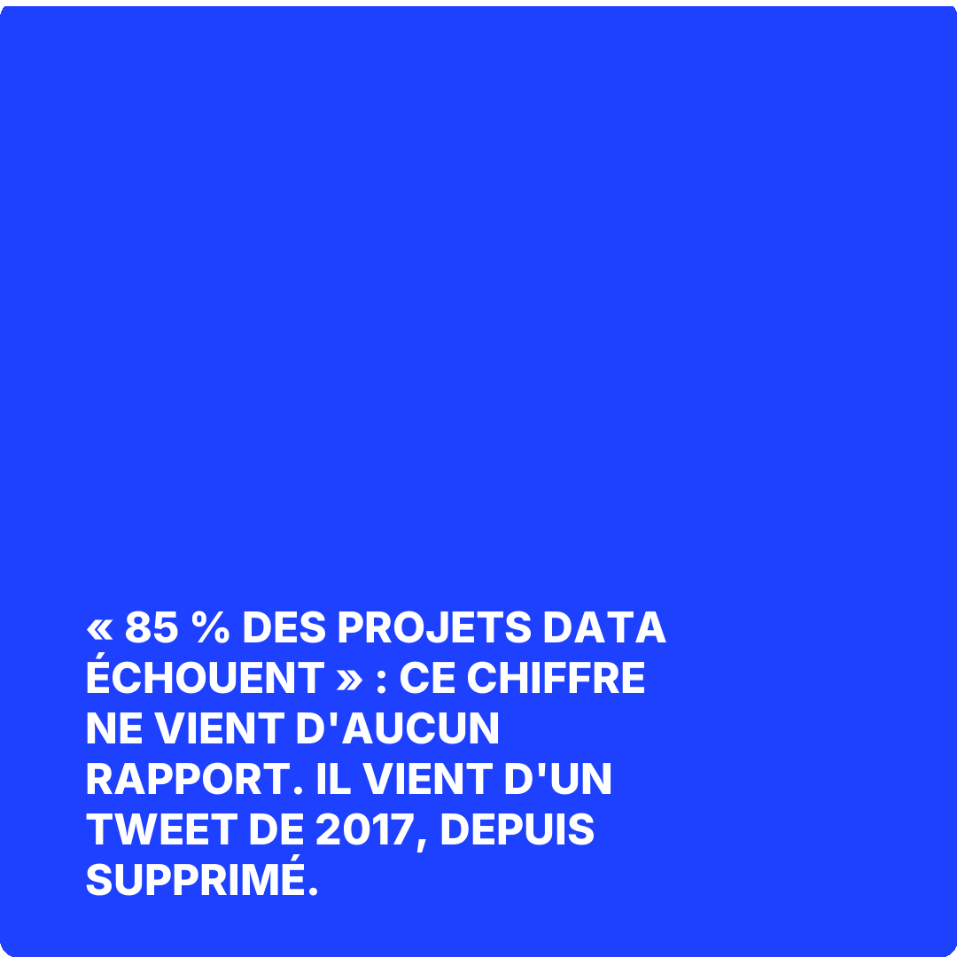 « 85 % des projets data échouent » : ce chiffre ne vient d'aucun rapport. Il vient d'un tweet de 2017, depuis supprimé.