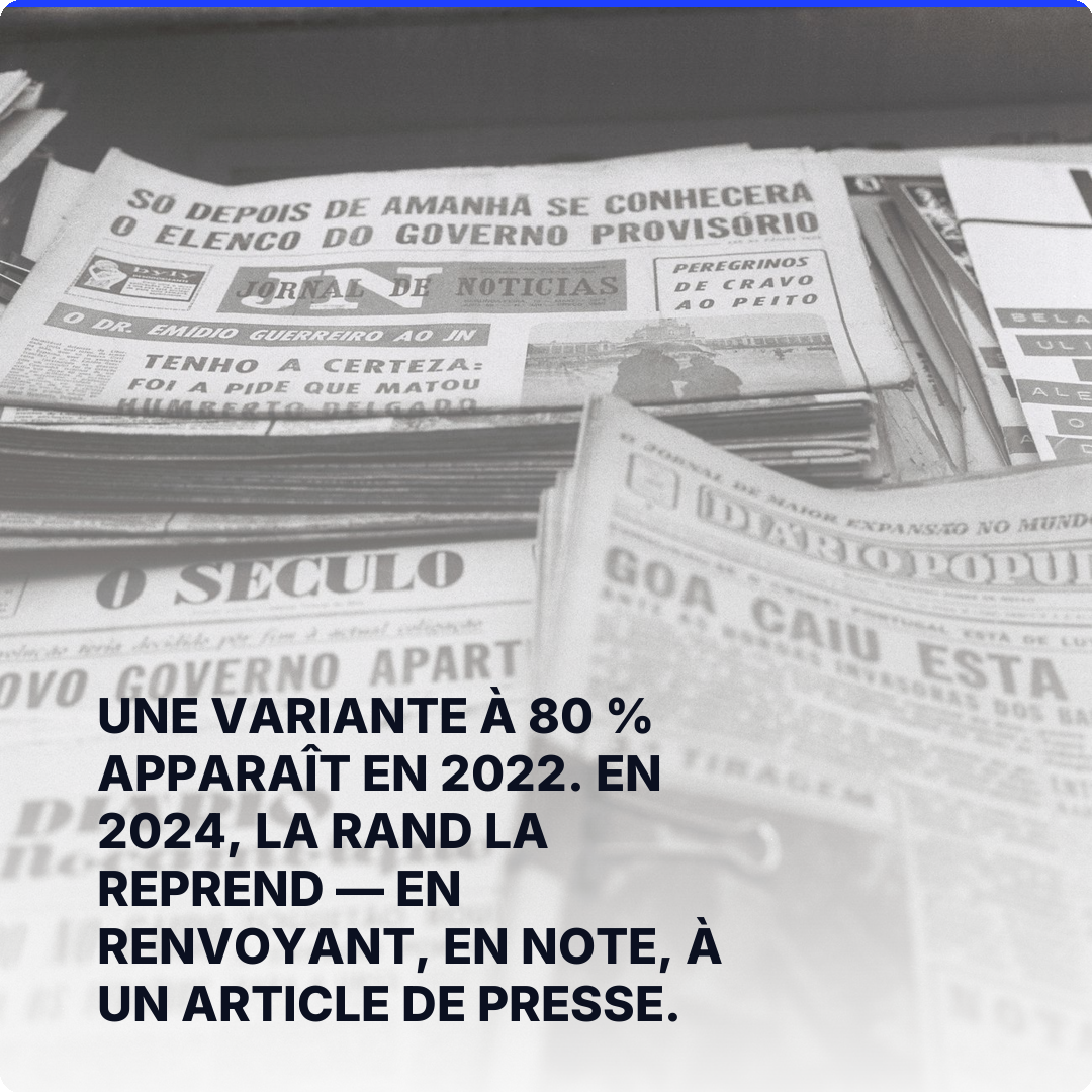 Une variante à 80 % apparaît en 2022. En 2024, la RAND la reprend — en renvoyant, en note, à un article de presse.