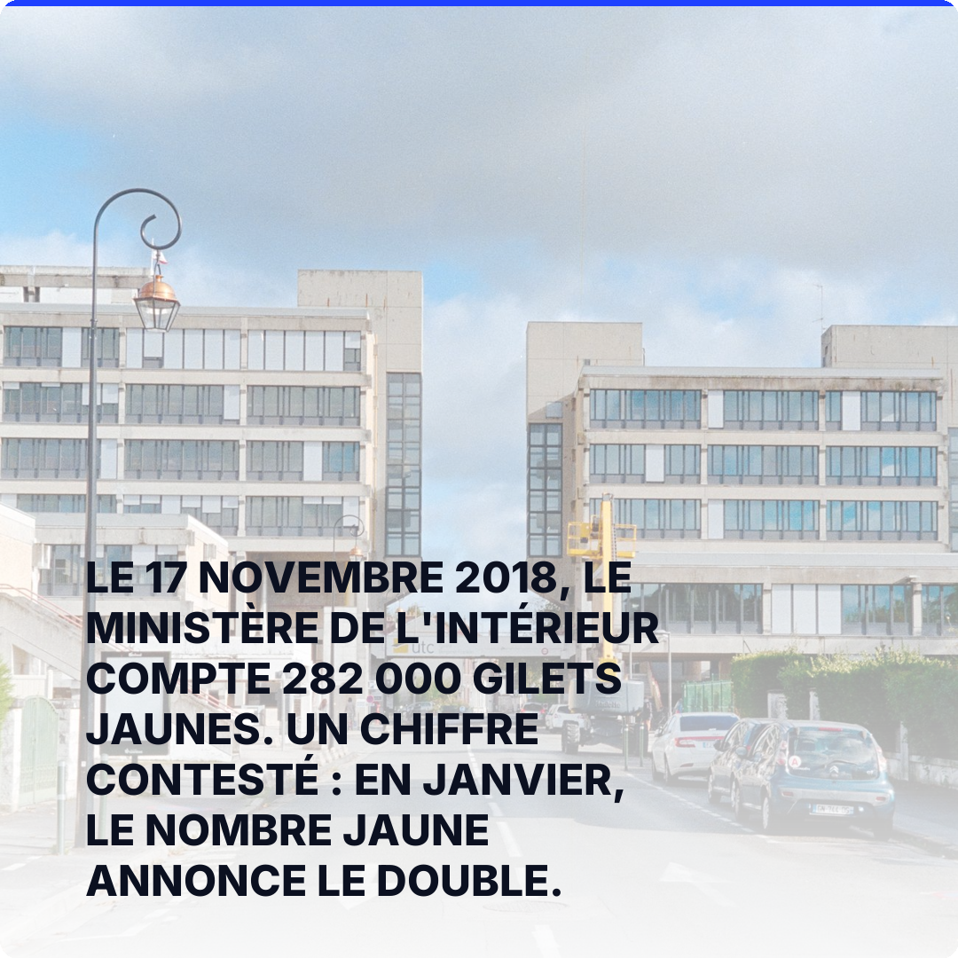 Le 17 novembre 2018, le ministère de l'Intérieur compte 282 000 Gilets jaunes. Un chiffre contesté : en janvier, le Nombre jaune annonce le double.