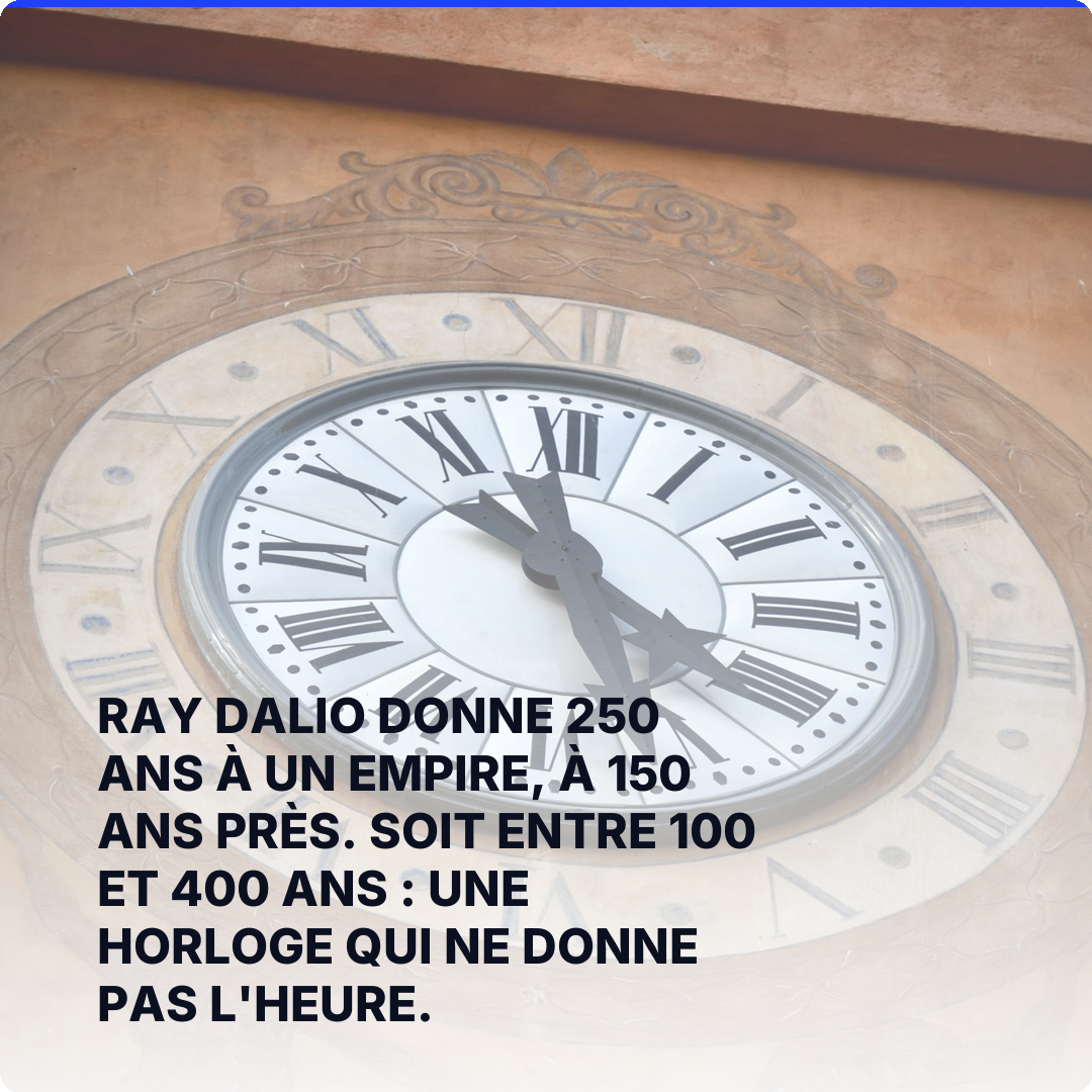 Ray Dalio donne 250 ans à un empire, à 150 ans près. Soit entre 100 et 400 ans : une horloge qui ne donne pas l'heure.