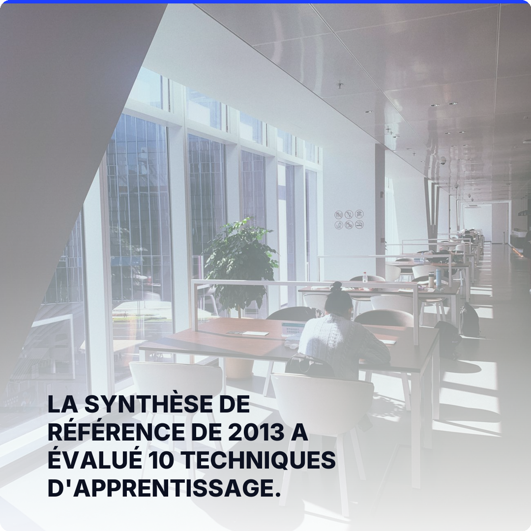 La synthèse de référence de 2013 a évalué 10 techniques d'apprentissage.