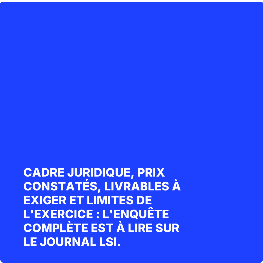 Cadre juridique, prix constatés, livrables à exiger et limites de l'exercice : l'enquête complète est à lire sur Le Journal LSI.