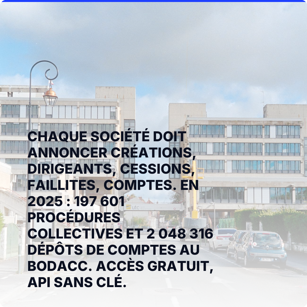 Chaque société doit annoncer créations, dirigeants, cessions, faillites, comptes. En 2025 : 197 601 procédures collectives et 2 048 316 dépôts de comptes au BODACC. Accès gratuit, API sans clé.