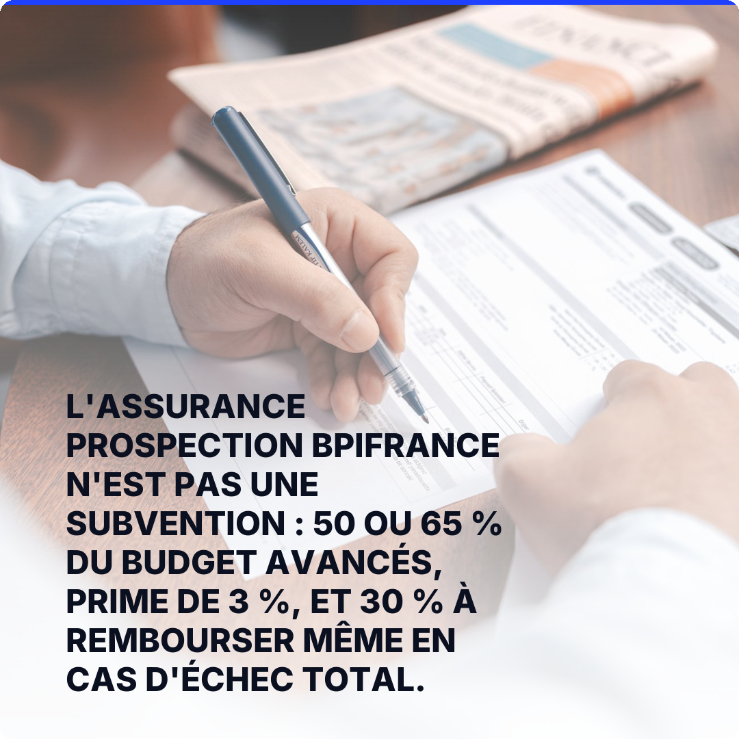 L'assurance prospection Bpifrance n'est pas une subvention : 50 ou 65 % du budget avancés, prime de 3 %, et 30 % à rembourser même en cas d'échec total.