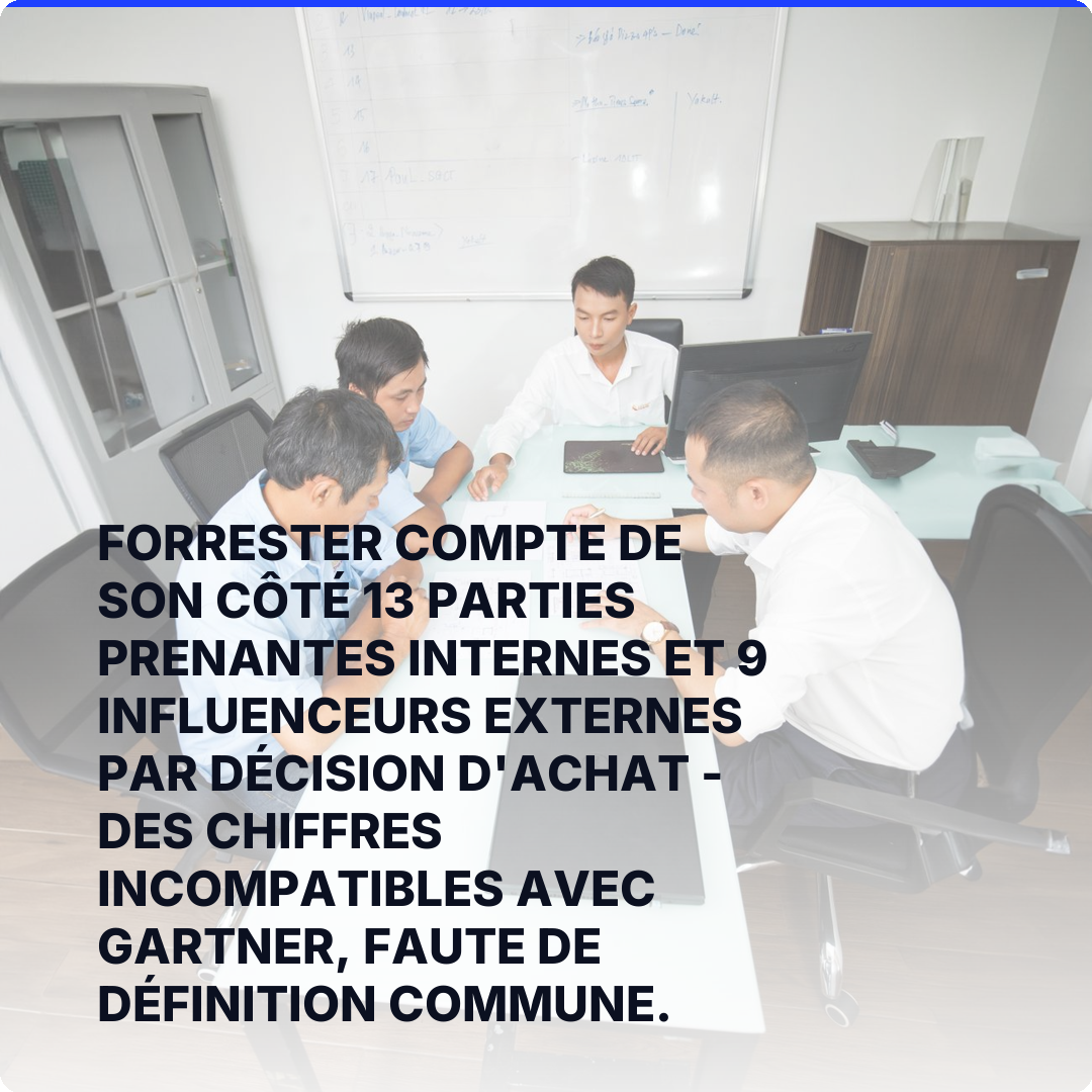 Forrester compte de son côté 13 parties prenantes internes et 9 influenceurs externes par décision d'achat - des chiffres incompatibles avec Gartner, faute de définition commune.